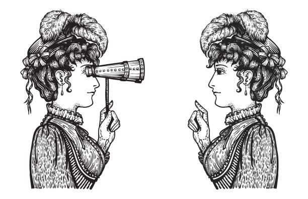 Retro women chat Vector illustration of vintage engraved women - person pointing with index finger, showing something to person looking through binoculars with high attention - hand drawn clipart steampunk woman stock illustrations