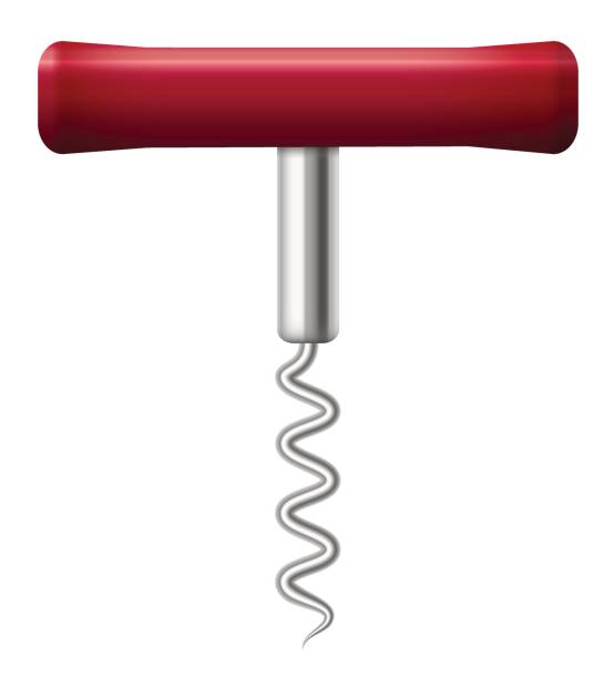 Corkscrew with wine red handle - traditional version of basic winery tool - isolated 3d vector illustration on white background. Corkscrew with wine red handle - traditional version of basic winery tool - isolated 3d vector illustration on white background. uncork wine stock illustrations