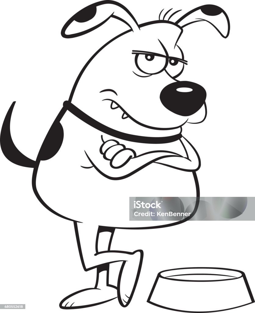Cartoon Mad Dog Black and white illustration of a mad dog with an empty dog dish. Anger stock vector