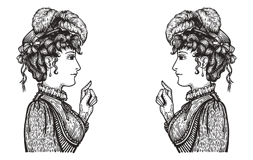 Vector illustration of two vintage engraved women having oppisite opinions in conversation - hand drawn clipart