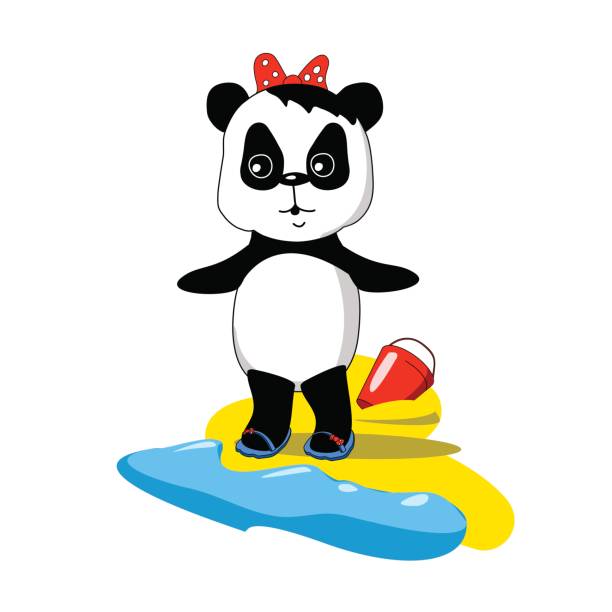 illustrations, cliparts, dessins animés et icônes de mignon bébé panda sur la plage avec la vague de la mer et le sable, illustration vectorielle en style cartoon - young animal baby panda red