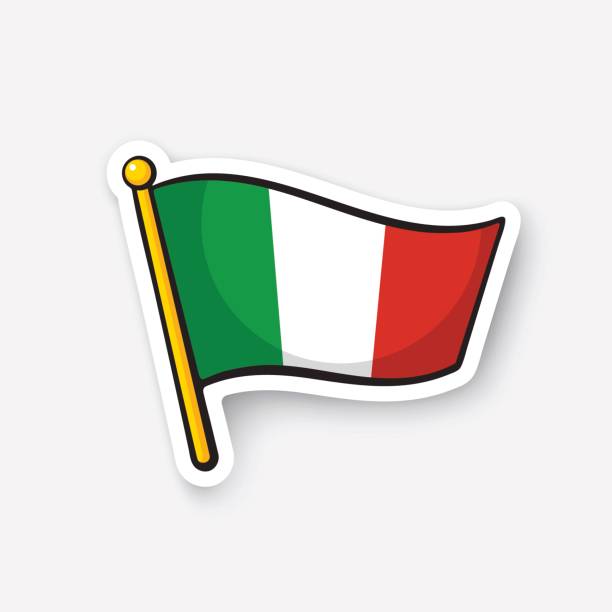 Sticker flag of Italy on flagstaff Vector illustration. Flag of Italy on flagstaff. Location symbol for travelers. Cartoon sticker with contour. Decoration for greeting cards, posters, patches, prints for clothes, emblems italy flag drawing stock illustrations