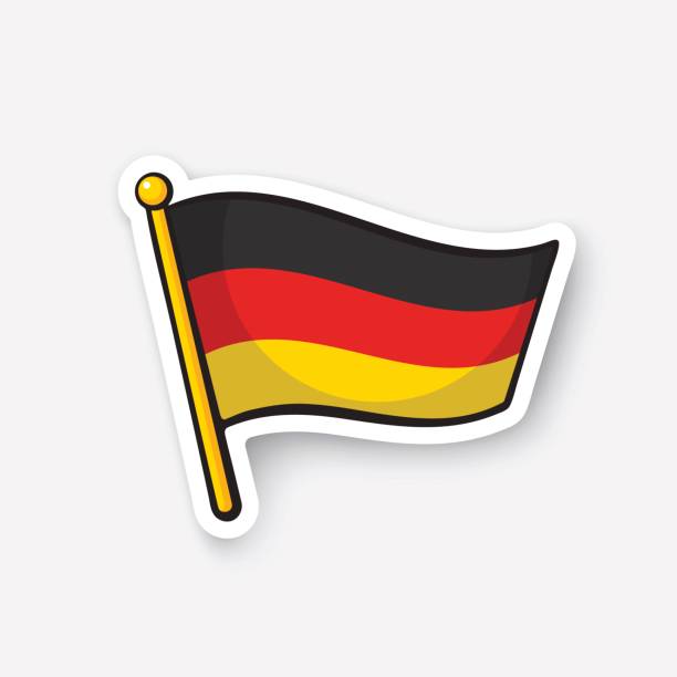 Sticker flag of Germany on flagstaff Vector illustration. Flag of Germany on flagstaff. Location symbol for travelers. Cartoon sticker with contour. Decoration for greeting cards, posters, patches, prints for clothes, emblems german flag stock illustrations