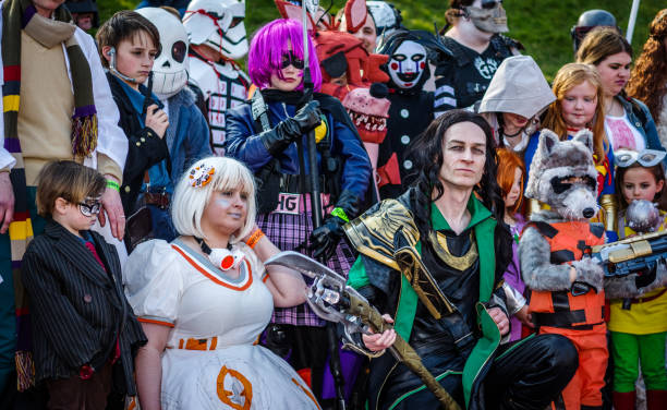 Group of cosplayers at Sci-Fi Scarborough Group shot of cosplayers entering the cosplay competition at Sci-Fi Scarborough. cosplay stock pictures, royalty-free photos & images