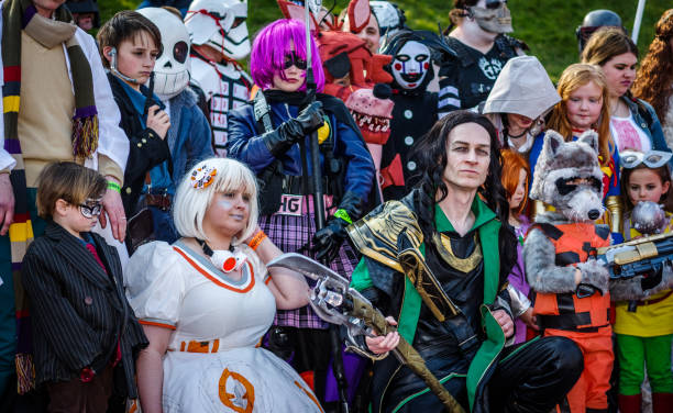 group of cosplayers at sci-fi scarborough - cosplay imagens e fotografias de stock