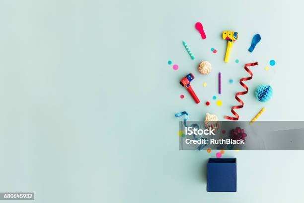 Party Objects In A Gift Box Stock Photo - Download Image Now - Birthday, Backgrounds, Party - Social Event