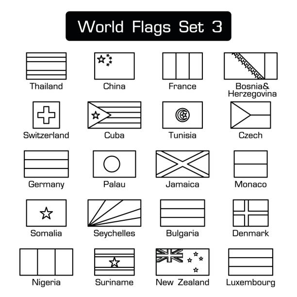 ilustrações de stock, clip art, desenhos animados e ícones de world flags set 3 . simple style and flat design . thick outline . black and white . - australia tunisia