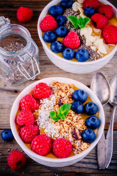 istock Tropical smoothie bowls with raspberries, blueberries, chia seeds and granola 680653744