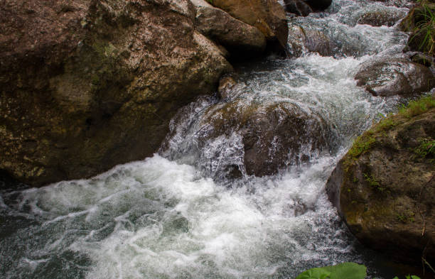 istock Rafting river among black rocks. Fresh water fast stream in stones. 680656758