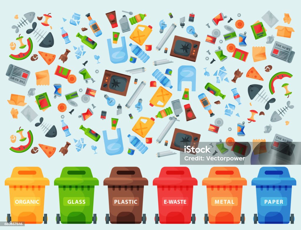 Recyclage des ordures éléments garbage sacs pneus industrie gestion utilisent des déchets peuvent vector illustration - clipart vectoriel de Déchets libre de droits