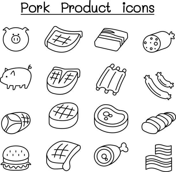 bildbanksillustrationer, clip art samt tecknat material och ikoner med gris & fläsk produkt ikonuppsättning i tunn linjestil - loin