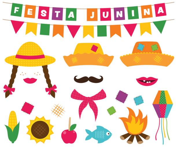 ilustraciones, imágenes clip art, dibujos animados e iconos de stock de festa junina banners y apoyos de la cabina de la foto - sombrero de paja