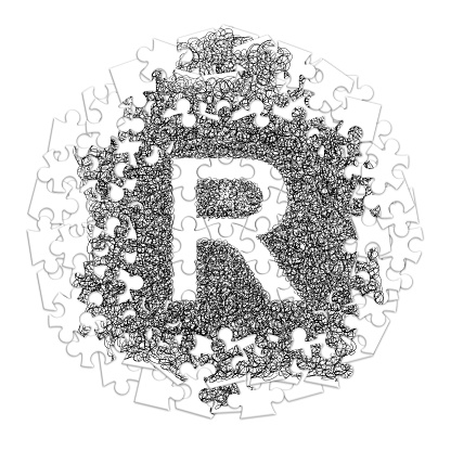 Letter R. Hand made font drawn with graphic pen on white background in jigsaw puzzle shape