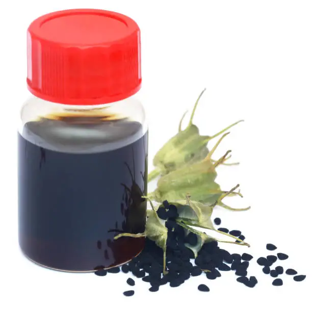Nigella seeds and essential oil in a glass bottle over white background