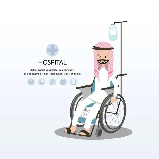 Vector illustration of Illustration of the patient Arab man on wheelchair.