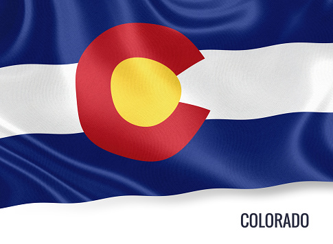 U.S. state Colorado flag waving on an isolated white background. State name included below the artwork.