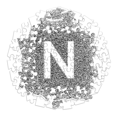 Letter N. Hand made font drawn with graphic pen on white background in jigsaw puzzle shape