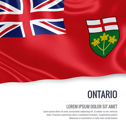 Canadian state Ontario flag waving on an isolated white background. State name and the text area for your message.