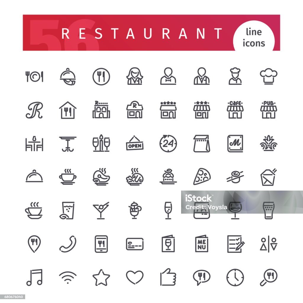 Restaurant Line Icons Set Set of 56 restaurant line icons suitable for web, infographics and apps. Isolated on white background. Clipping paths included. Icon Symbol stock vector