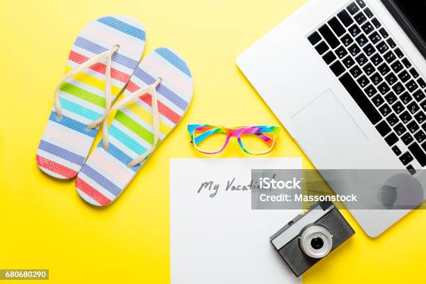 Paper My Vacation Laptop Camera Glasses And Sandals Stock Photo - Download Image Now