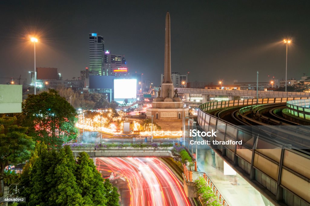 Victory Monument And The BTS Elevated Railway At Night In Bangkok, Thailand Bangkok Stock Photo