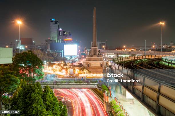 Victory Monument And The Bts Elevated Railway At Night In Bangkok Thailand Stock Photo - Download Image Now