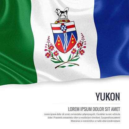 Canadian state Yukon flag waving on an isolated white background. State name and the text area for your message.