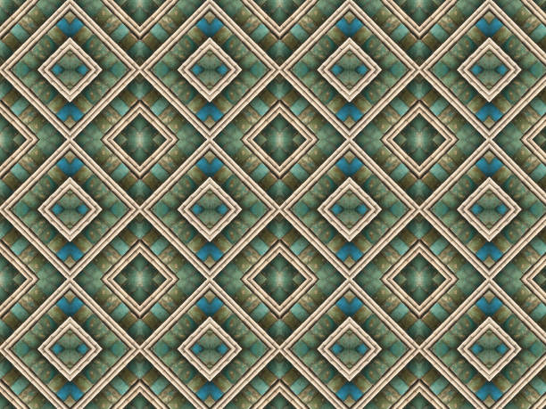 Turquoise blue and green stone tile diamonds with beige frames in seamless pattern.