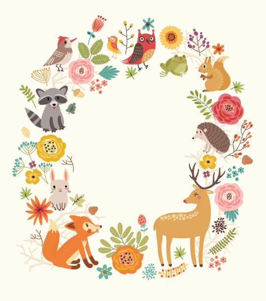 Forest background with animals Forest background frame with animals woodland stock illustrations