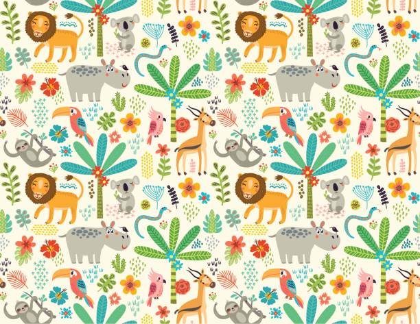 정글 동물 들과 함께 완벽 한 패턴 - zoo young animal africa group of animals stock illustrations