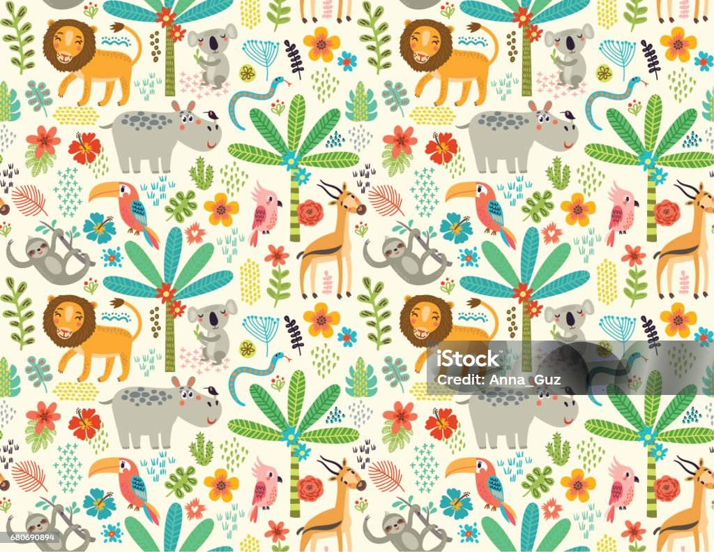 Seamless pattern with jungle animals Animals of the jungle. Seamless pattern with flowers, trees and characters Animal stock vector