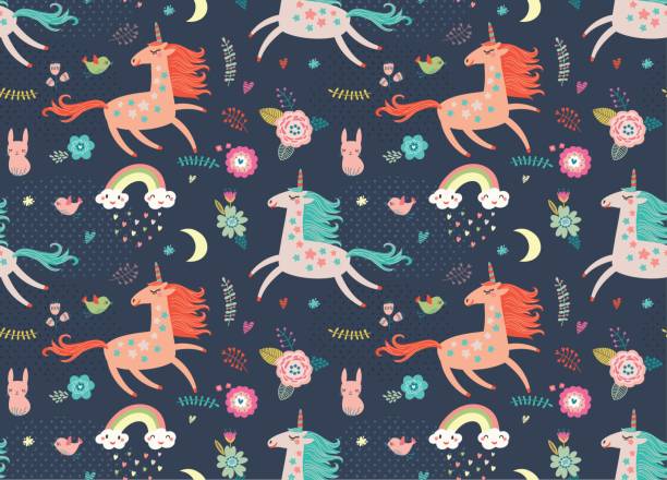 Seamless pattern with unicorns Seamless pattern with unicorns , hare, birds and flowers unicorn stock illustrations