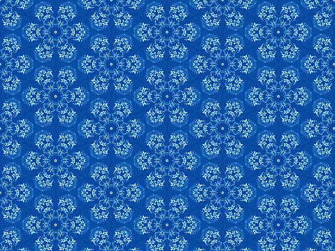 Embroidered flower baskets on blue seamless pattern. Original motif is a cyanotype print.