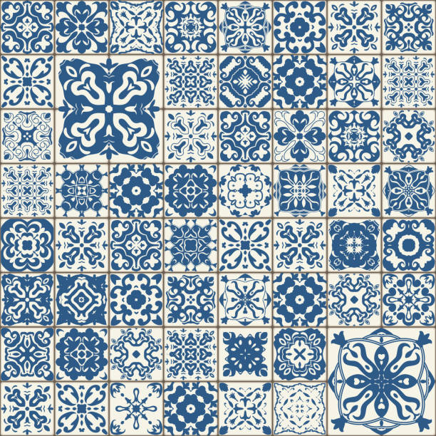 원활한 타일 패턴입니다. 다채로운 리스본, 지중해 꽃 장식 패턴입니다. 사각 꽃 블루 모자이크입니다. 이슬람, 아랍어, 인도, 터키, 파키스탄, 중국 모로코, 포르투갈어 오스만 모티브. 벡터입니다. - tunisia stock illustrations