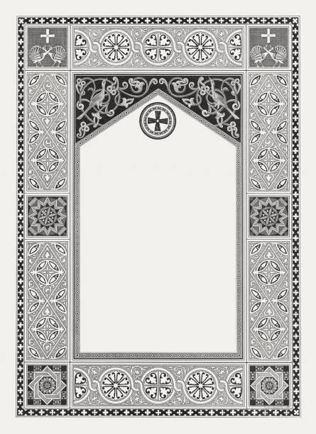 Byzantine ornament frame with copy space, wood engraving, published 1884 Byzantine ornament frame with copy space for text. Wood engraving, published in 1884. byzantine pattern stock illustrations