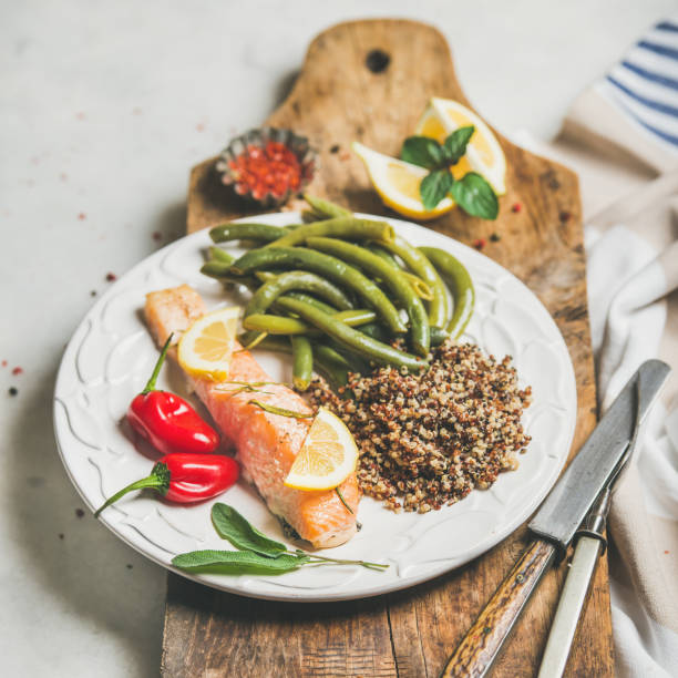 istock Healthy protein rich dinner plate with roasted salmon and quinoa 680692660