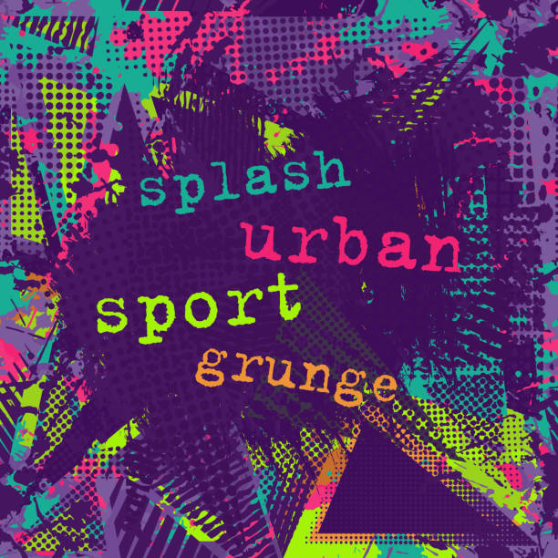 prostor pro kopírování tahu malovat. abstraktní městský vzor. grunge textury pozadí. odřené kapkové spreje, neonové tečky, barva, stříkání. městská moderní špinavá tmavá tapeta. módní textil, sportovní tkanina. roztrhaný styl - život ve městě stock ilustrace