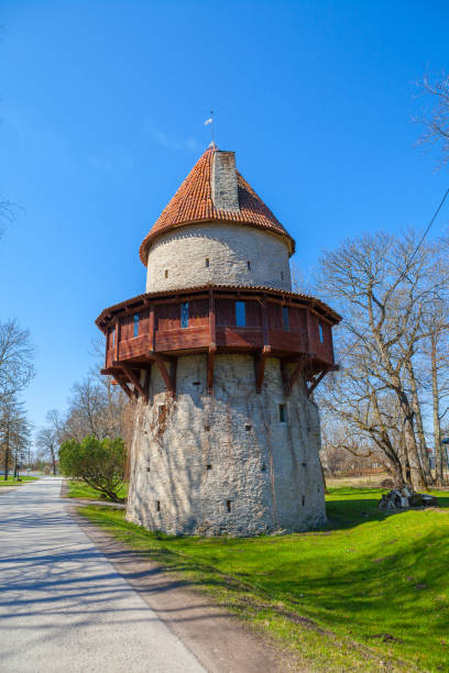 istock Old small castle (donjon) in green park with spring and a bridge 680693316