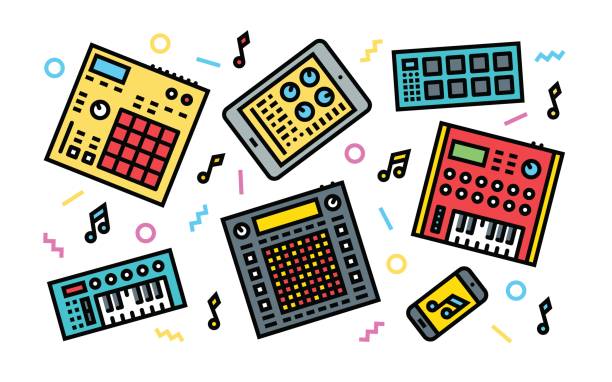 elektronische musik schaffung geräte concept linie art helle farben abbildung. - drummachine stock-grafiken, -clipart, -cartoons und -symbole