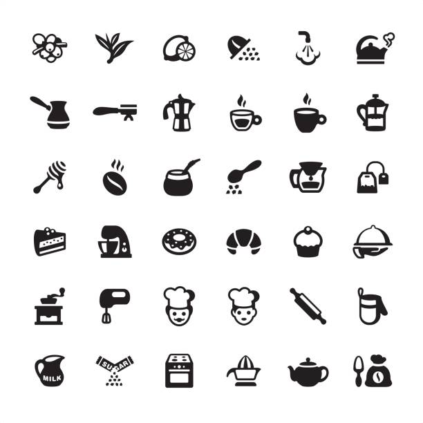 ilustrações de stock, clip art, desenhos animados e ícones de tea, coffee and bakery - icons set - white background container silverware dishware