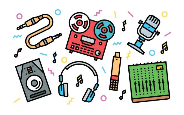 Analog Sound Recording Concept Line Art Bright Colors Illustration. Analog Sound Recording Concept Line Art Bright Colors Illustration. Contemporary Trendy Vector Icons. reel to reel tape stock illustrations