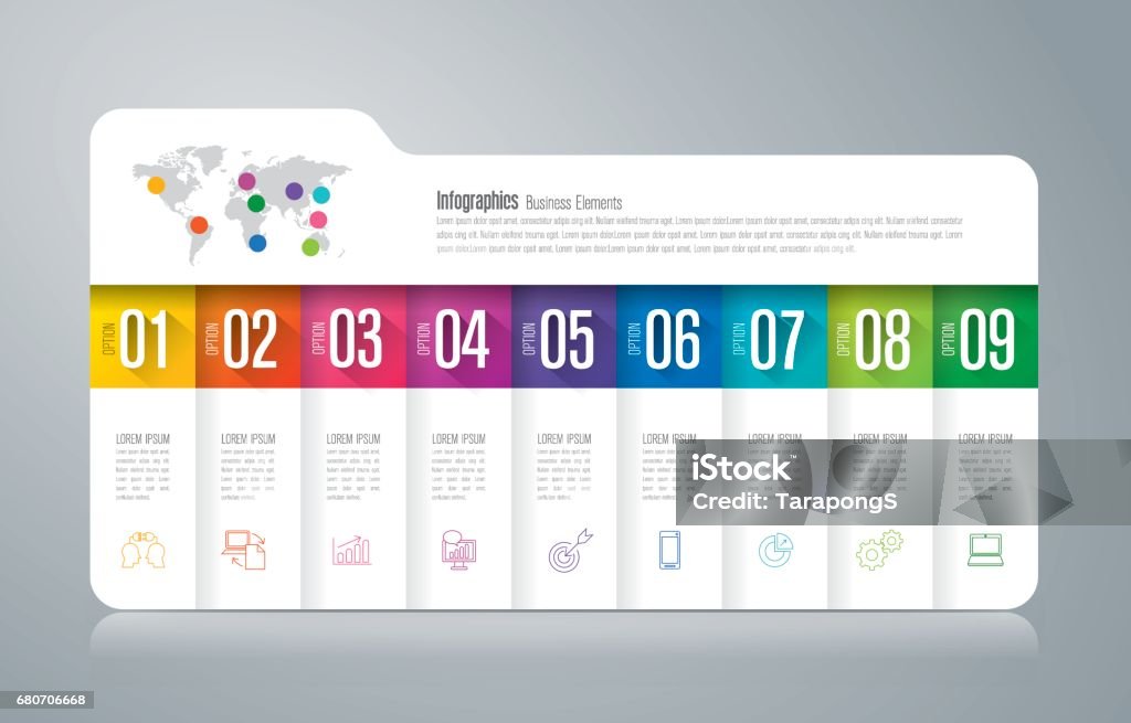 Folder infographics design vector and business icons. Vector illustration was made in eps 10 with gradients and transparency.
The url of the reference to map is : http://www.lib.utexas.edu/maps/world_maps/time_zones_ref_2011.pdf. Number 9 stock vector