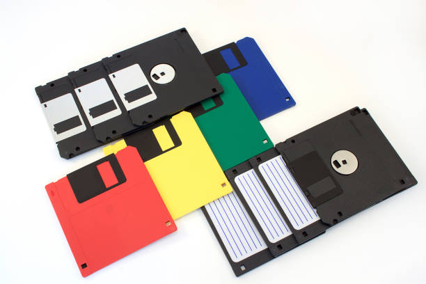 istock Group of multi-coloured floppy disks on the white background. 680706750