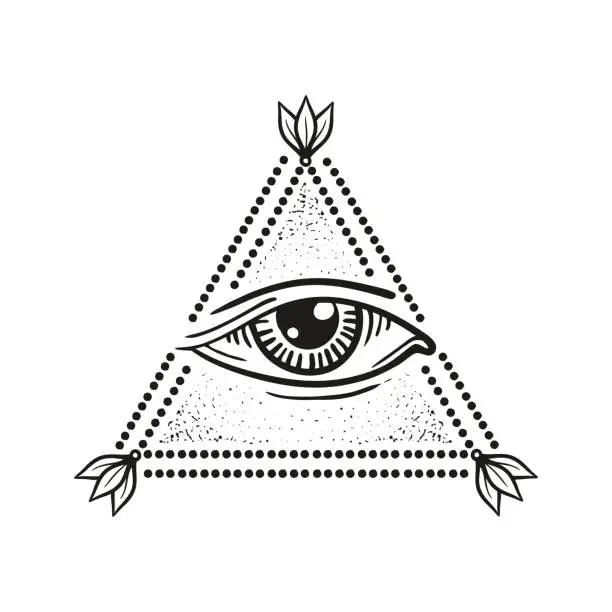 Vector illustration of illustration of eye in the pyramid, in the style of tattoos