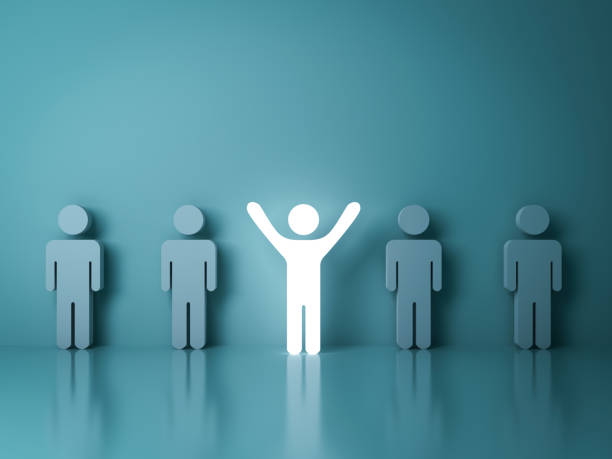 istock Stand out from the crowd and different creative idea concepts , One glowing light man standing with arms wide open among other people on green background with reflections and shadows . 3D render 680713860