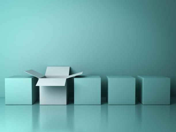 istock Stand out from the crowd and different creative idea concepts , One white open box among closed green square boxes on green background in the row with reflections and shadows . 3D render 680713954