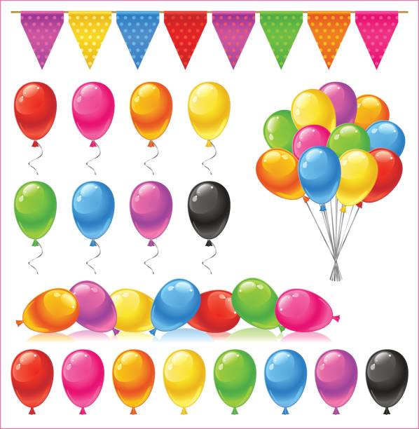ilustraciones, imágenes clip art, dibujos animados e iconos de stock de conjunto de globos de colores brillantes brillantes - balloon pink black anniversary