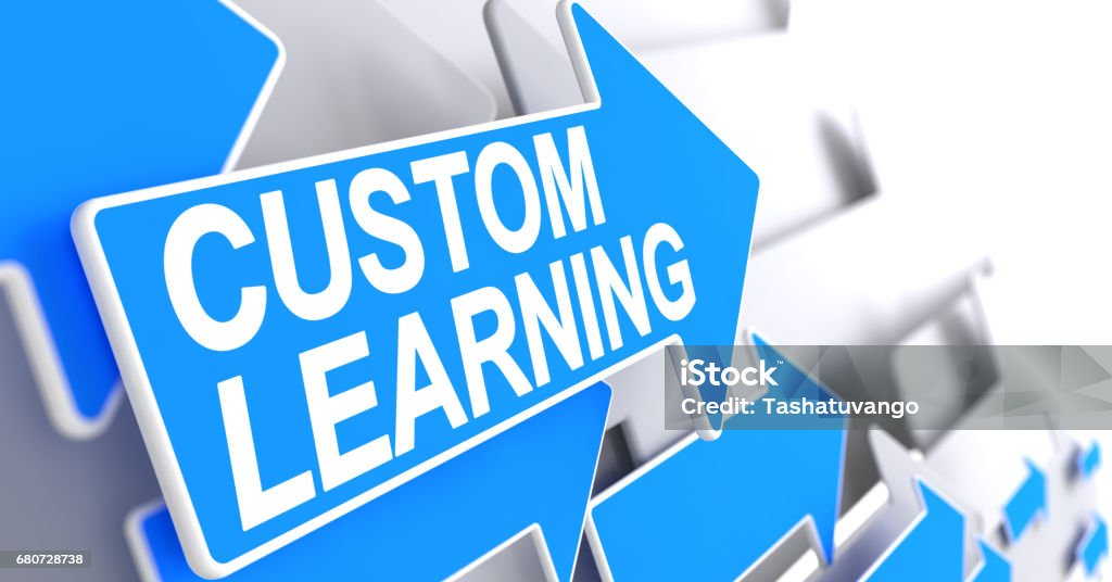 Custom Learning - Message on Blue Pointer. 3D Custom Learning - Blue Arrow with a Message Indicates the Direction of Movement. Custom Learning, Inscription on Blue Pointer. 3D Illustration. Customized Stock Photo