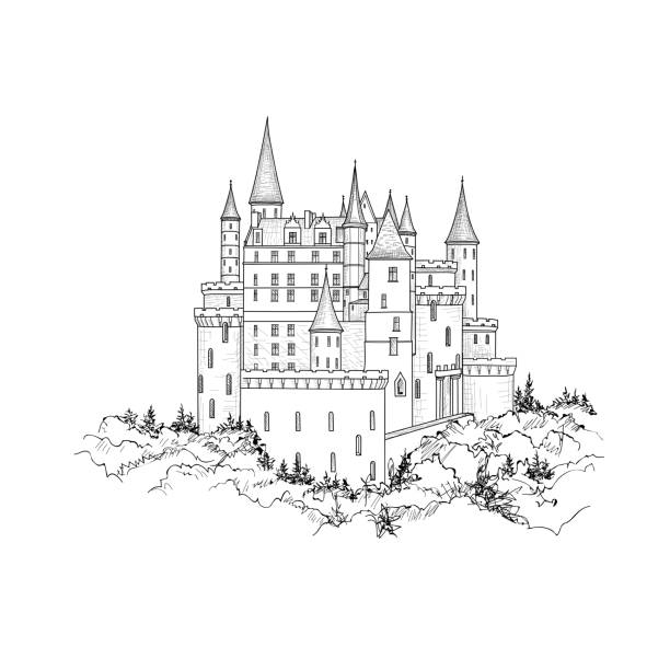 ilustraciones, imágenes clip art, dibujos animados e iconos de stock de vistas al emblemático castillo. palacio medieval con torre - palace