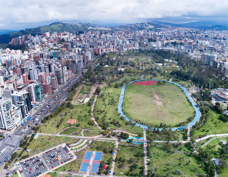 Aerial photo of the beautiful Parque La Carolina, Central Park of the Capital Quito in Ecuador. On the weekends lots of locals meet here for sport activities. 2700m over sea level.